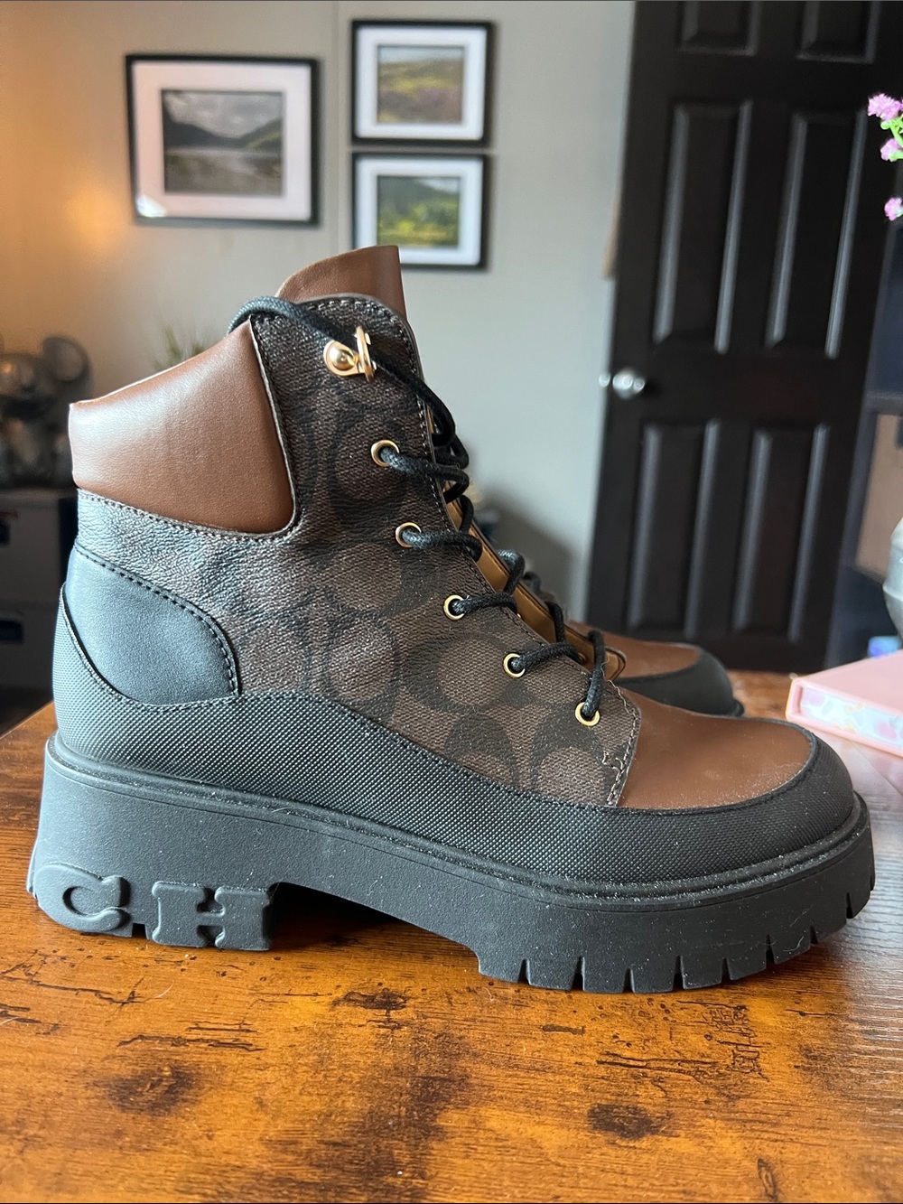 Coach Brown Black Signature Lug Boot
